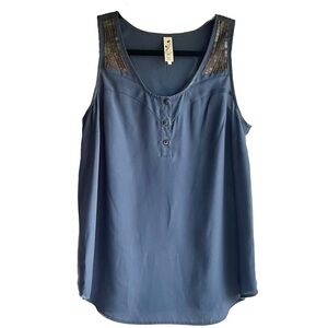 Floreat x Anthropologie Blue Sequin Epaulette Sleeveless Button Tank, Sz - 8